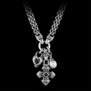 Scott Kay Sterling Necklace 49U3: This is a Scott Kay fashion charm necklace. The three charms included are a white pearl, an onyx in the center of a cross and a rhodolite centered heart. Scott Kay Sterling Necklace 49U3 jewelry