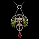 From Nouveau Collection this 18kt white gold pendant brooch features .07cts of diamond with two pink sapphires and a drop dangle set pink tourmaline. The size of the pendant is 56mm x 45mm. The piece is suspended from an enhancer chain, including a circle of diamonds. 
