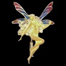 An 18k gold dancing fairy nymph. This pendant is from the Nouveau Collection and features multiple color enamel wings. The pendant measures 38mm by 25mm.