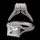 A new platinum princess cut diamond Bridget Durnell engagement ring. The ring has 0.90ctw of two rows of diamonds going around 3/4 of the band. The band measures 2.5mm wide. Can be made in 18k white gold.