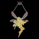 A beautiful 18k gold fairy nymph. This necklace is made from 18k gold and features multi color enamel wings. At the top of the pendant is a flower pedal with a single diamond in the center, weighing 0.06cw.