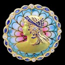 A beautiful, one of a kind piece. This 18k gold pendant is art nouveau inspired from the Nouveau Collection of renowned designer Enric Torres. The colors are enamel and has 9 diamonds going around the border and one in the center of the pendant. There are 16 blue sapphires alternating around the border. The total carat weight of the diamonds are 0.22tcw and the total carat weight of the sapphire is 0.86tcw. The pendant weighs 13.6 grams and measures 31mm in diameter.