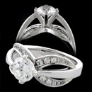 A truly unique 18k white gold diamond engagement ring designed by Eddie Sakamoto. The ring has a total carat weight of 0.34tcw of diamonds on the criss crossing side of the ring. The center stone, in this photo, features a 1 carat diamond, but can accommodate many size stones. The ring measures 8.71mm at the widest part and 3.6mm on the shank of the ring.