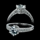 From Beverley K, this is another one of their beautiful 18K hand engraved ladies engagement ring.  The center diamond is held by 6 prongs and there is 0.17 carats total weight of diamonds in the band. All edges of this ring is milgrained. Price is for the mounting only. Also available in platinum. 