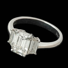 Pearlman's Bridal Platinum three stone emerald cut diamond engagement rin