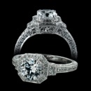 This is an incredible 18K ladies engagement ring by Beverley K.  The round center diamond is surrounded by an octagonal shaped pave halo. The  band has 3-sided pave for a total of 0.38 carats total weight of diamonds.  The scroll design is hand engraved and the edges are milgrained. Please call for center stone pricing. Available in platinum as well.