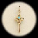 A 15 kt. yellow gold seed pearl and turquoise bar pin ca 1890's measuring 49mm in length and 14mm in width.