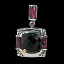 Bellarri sterling silver black onyx and rhodolite pendant. 
The black onyx has a total carat weight of 11.45, the rhodolite is 4.80tcw. and the diamonds in the signature "B" are 0.02tcw.
Dimensions: 23mm x 24mm with bale 40mm.