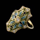 Nouveau Collection 18kt yellow gold diamond, blue and green enamel ring.  This ring contains .33ct. total weight in diamonds, 13 diamonds in total. The ring weighs 5 grams.