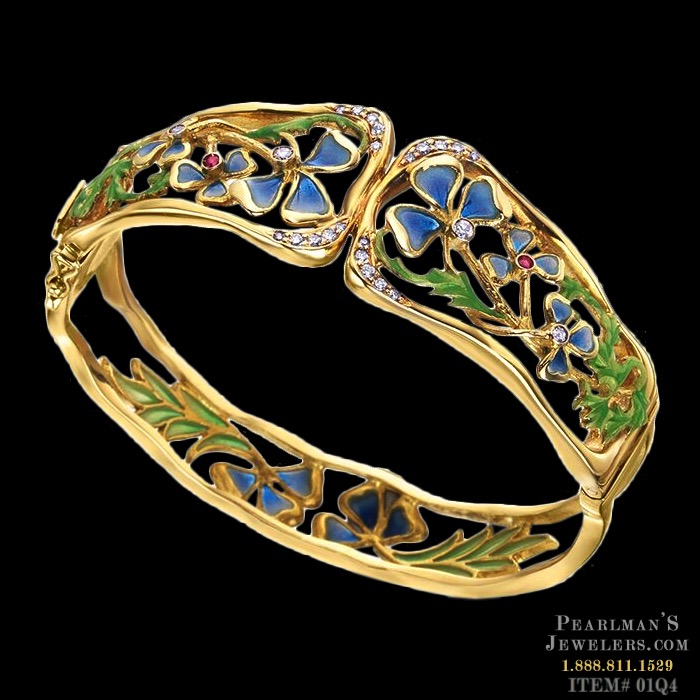 Gift For Her Hinged Goldtone Bracelet Leaf with Pearl Art Nouveau