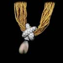 Yuri Ichihashi 18kt yellow gold multi strand necklace, with pave set diamond, ''X'' shaped enhancer and a black pearl pendant, with 14X11mm measurements.