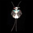 A early 1950's Native American Bolo with Inlaid Thunderbird decoration. The piece is set with Turquoise, mother of pearl, shell, and coral. The piece measures 40 inches.  