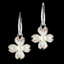 Nicole Barr: Vitreous Enamel Sterling Silver Dogwood Wire Earrings. Pearls. Rhodium Plated for easy care.