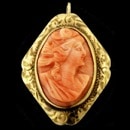 A very fine 10kt yellow gold handmade and hand engraved angel skin coral pin/pendant. Petite measuring 20mm x 17mm a perfect size for a pendant.  This is flat out a really pretty iece.  All gold is tested by us.