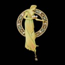 18kt yellow gold green and gold enamel pin from Nouveau Collection with 105 diamonds weighing .60ctw and 9 pearls. Great as a pendant too.