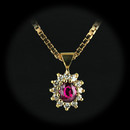 This beautiful 18kt yellow gold Gem Thai Ruby and diamond pendant containing one .66ct. natural Thai Ruby. The Ruby surrounded by 12 full cut VS F ideal cut diamonds 1/3ct total total weight in diamonds.  The piece is suspended on an 18 inch 18kt yellow gold Italian made box chain.