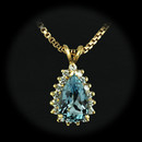 This gem quality aquamarine pendant contains one 2.65ct. pear shaped aquamarine and is surrounded by .17ct. total weight in diamonds.  The piece is in 18kt yellow gold and suspended on an 18 inch 18kt yellow gold box chain.
