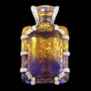 An eye popping beauty from Bellarri. This 18kt gold one of a kind pendant is Ametrine with diamonds surrounding the center stone. The total diamond weight is 0.26. The amethyst is 33.00 tcw.
Dimensions: 45mm x 27mm
