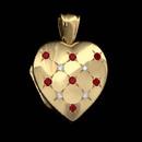 Designed by English jeweler Charles Green, an elegant ruby and diamond locket.  The locket is set with .35ct in rubies and .08ct of diamonds. The piece measures 23mm x 21mm and is hand forged!