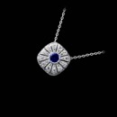This shimmering 18kt white gold Beverley K pendant features a starburst of diamonds and a .19ct round sapphire center stone and .29ct. in diamonds.