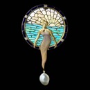 Nouveau Collection 18kt yellow gold blue enamel brooch/pendant with five bezel set diamonds around the border and a drop pearl.