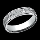 A mens 14k white gold Celtic Benchmark wedding band. This ring is 6mm and features an endless Celtic Knot pattern cradled by high polish round edges. This ring is priced at a size 10, but can be made in other sizes. Prices may vary depending on finger size. This Benchmark mens ring and also be made in rose or yellow gold.