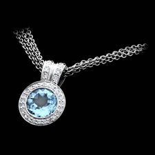 Platinum Chris Correia necklace with 9mm round aqua with diamond pave bezel and double bail triple cable chain.
