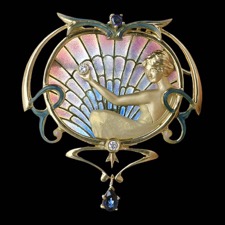 Nouveau Collection 18kt yellow gold enamel brooch/pendant with 2 blue sapphires and 2 bezel set diamonds. The pin measures 48mm by 45mm and has a total carat weight of 0.11 ct.  Really nice piece!!