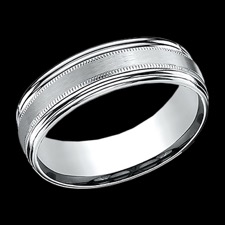 A stylish 14k white gold mens wedding band. This ring is 7.5mm in width and features a modern design along the center. The price is for a size 10, but can be made in other sizes. Price may vary depending on finger size.