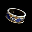 18kt yellow gold orange and blue enamel ring with 5 diamonds .065cts.