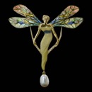 Carved from the world of magic, this 18kt yellow gold ''Lady Butterfly'' brooch/pendant from Nouveau Collection, with pave and bezel-set diamonds, is enhanced with a drop pearl.