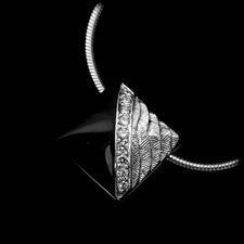 The mini Gotham pendant from Michael Bondanza has .06ctw of diamonds.  Made in platinum and suspended from a 16 inch platinum snake chain.
