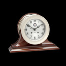This distinctive, handcrafted timepiece signals the passing of time with gentle, rich-sounding chimes eight bells at 4, 8 and 12 o'clock to mark the end of a mariner's four-hour watch, with one bell the first half-hour after, plus one additional bell with each subsequent half-hour. Behind its classic, hand silvered dial, 364 precision brass parts many plated with gold and 11 jewel movements, all of which are made in Chelsea, Massachusetts, ensure accuracy in time and enduring quality for years to come.
Dimensions: 7 1/2" H x 9 1/2" W x 4" D
Weight: 8 lbs.