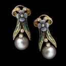Lovely and dainty Nouveau Collection enamel earrings featuring diamond accents and pearl centerpieces. The diamonds are VS F-G and weigh .58ct total. The pearl is a South Sea and measures 10.0mm.
