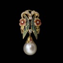 Whimsical enamel and 18kt yellow gold pendant with drop pearl from Nouveau Collection.