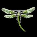 A art nouveau inspired pin that can be worn as a pendant. It is Plique-a-Jour Enamel on Sterling Silver green Dragonfly Brooch. Set with Diamonds and features a Peridot in the center. The total carat weight of the diamonds are 0.35tcw. Rhodium Plated for easy care. The piece measures 65mm. Pendant Converter Included.
