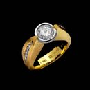 Eddie Sakamoto's ladies 18kt yellow gold engagement ring with platinum bezel and .49ctw of channel set diamonds.