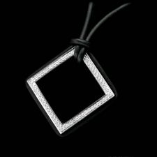 Large open square platinum and diamond pendant accented and suspended by black rubber.  This piece is designed by Chris Correia.