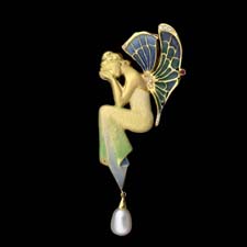 Nouveau Collection 18kt yellow gold fine enameling diamonds rubies and a beautiful drop pearl complete this gorgeous winged fairy brooch. Also can be worn as a pendant.
