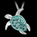 A cute Nicole Barr turtle necklace. Features plique-a-Jour Enamel on Sterling Silver Sea Turtle Necklace-Green. Set with Diamonds that have a total carat weight of 0.031tcw. Measures 25mm. Rhodium Plated for easy care. Adjustable 18 inch chain.