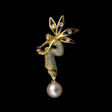 Beautiful water-nymph enamelled Nouveau Collection pin, set with diamonds and pearls.
