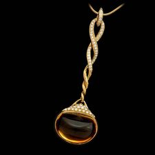Gorgeous yellowgold Savoy twist pendant from Michael Bondanza.  Sparkling pave diamonds cover the intricate twist that holds the stunning citrine.  