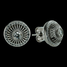 Beautiful pair of platinum Michael B Balarina round earrings.  The center bezel set diamonds are .24ctw and there are 49 pave set diamonds in the halo. The diamonds are VVS E ideal cuts. Each earring measures 11.5mm in diameter. All handmade in the USA. 