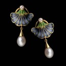 Beautiful and delicate blue and green enamel earrings from Nouveau Collection with diamonds and pearls. These earrings measure 30mm x 17mm .Set in 18kt yellow gold.