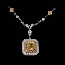 This gorgeous Michael Beaudry pendant features yellow and white diamonds on the necklace and suspends a 1.03ct. fancy yellow square diamond, surrounded by .15ctw in fancy pink round diamonds. Call for price and availability.