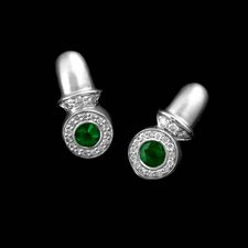 Platinum and 4mm round faceted emerald bezel set Chris Correia earrings with pave diamonds on the bezel and schoulders. Available as a clip or a post.
