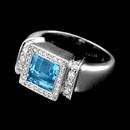 Chris Correia platinum 8mm square cut faceted aquamarine engagement ring with .38ctw of pave diamonds on shoulders and bezel.