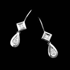 Chris Correia's platinum and diamond earrings with square frame bead set diamonds and pear shaped drops.