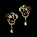 Lovely and delicate floral enamel earrings with a drop pearl from the Nouveau Collection. In 18kt yellow gold with a single blue sapphire, 2 diamonds, and a pearl in each earring. The earrings weigh 5.6 grams. 