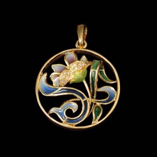 Nouveau Collection's lovely multi-colored enamel flower is encircled in 18kt yellow gold.